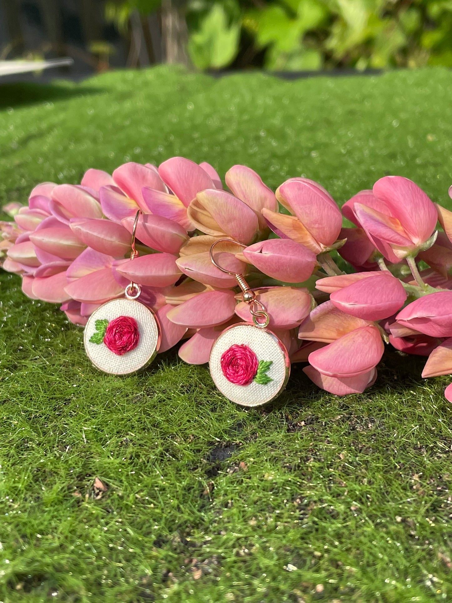 Deep Pink Rose Dangle Earrings