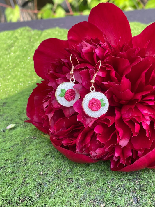 Deep Pink Rose Dangle Earrings